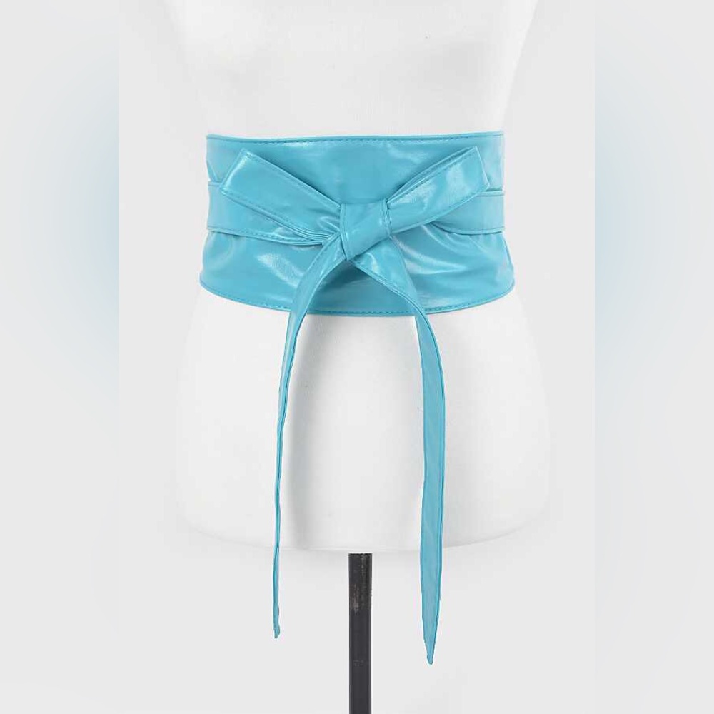 Blue Vegan Leather Obi Adjustable Waist Statement Belt